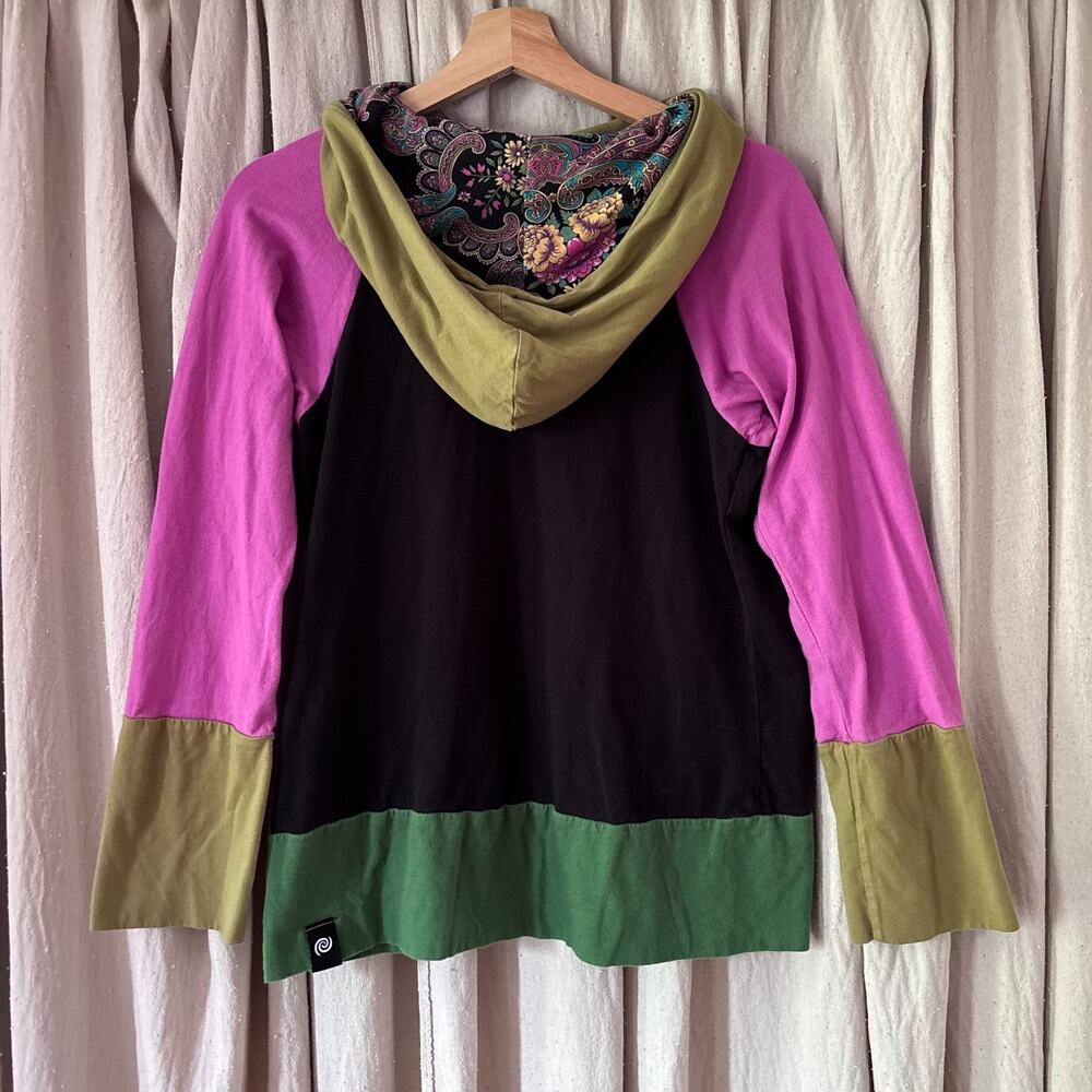 REcreate Designs Colorblock Hoodie Top Black Purple Green Paisley